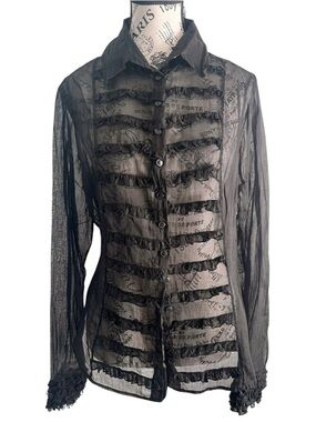 Anne Fontaine Sheer Black military Ruffle-Trim Button Front Blouse size 44 EU